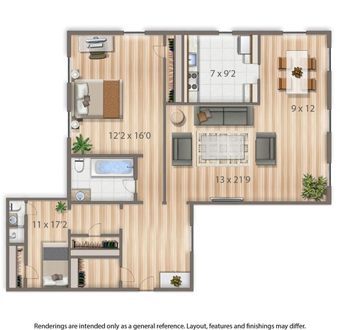 Floor plan for 2 beds, 2 baths, 1100 sqft